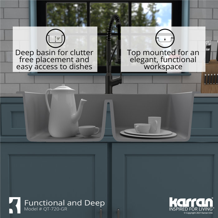 Karran 34" Drop-In Quartz Composite Kitchen Sink - 60/40 Double Bowl, White, Heat Safe & Non-Porous